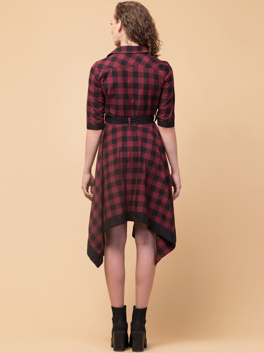 Checked Cotton Shirt Collar Dress