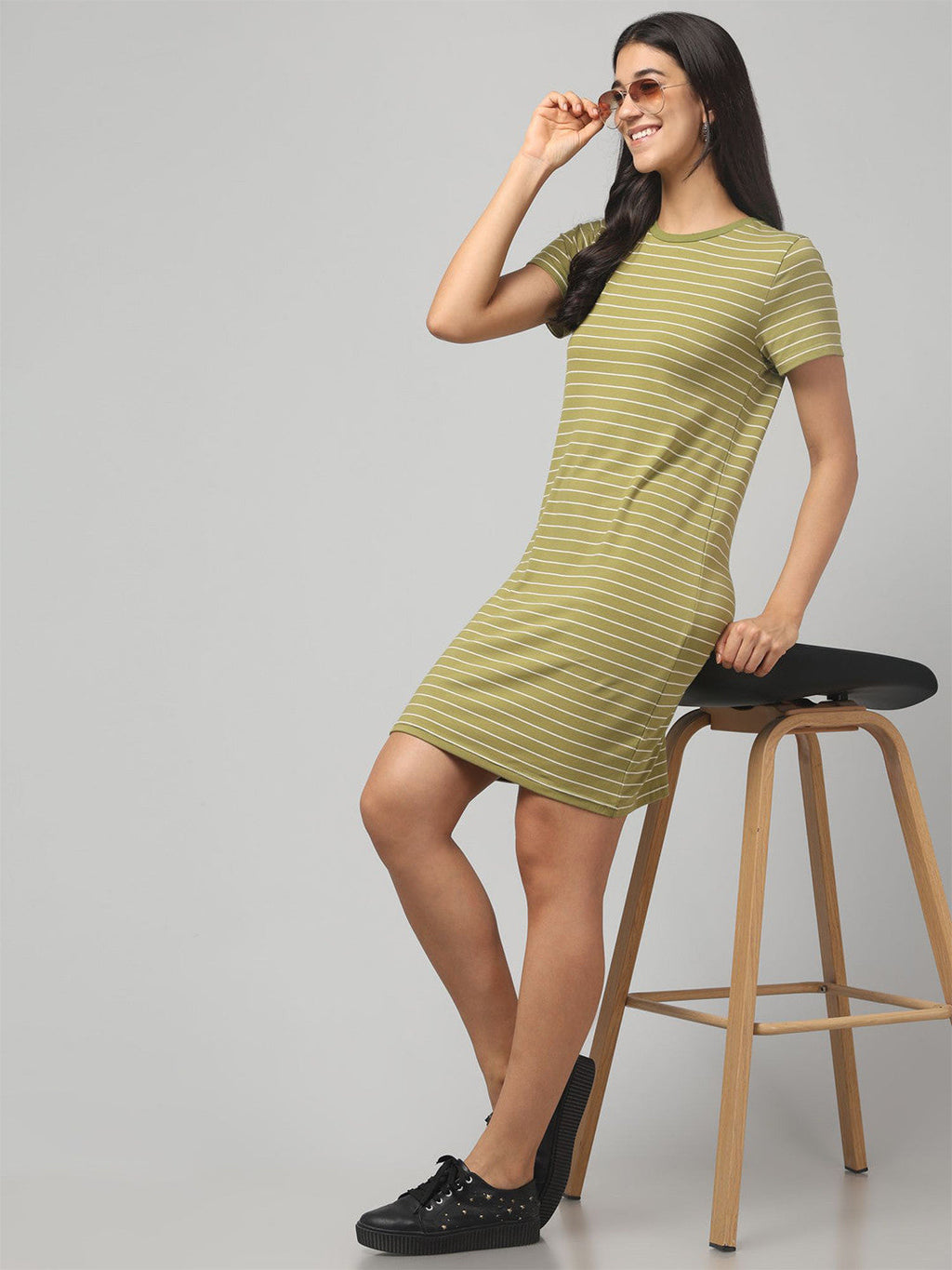 Trendy Olive Green Striped T-Shirt Dress