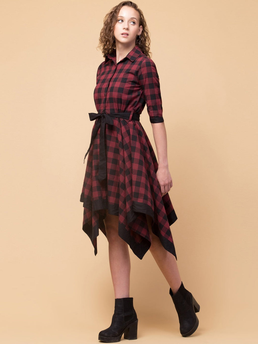 Checked Cotton Shirt Collar Dress