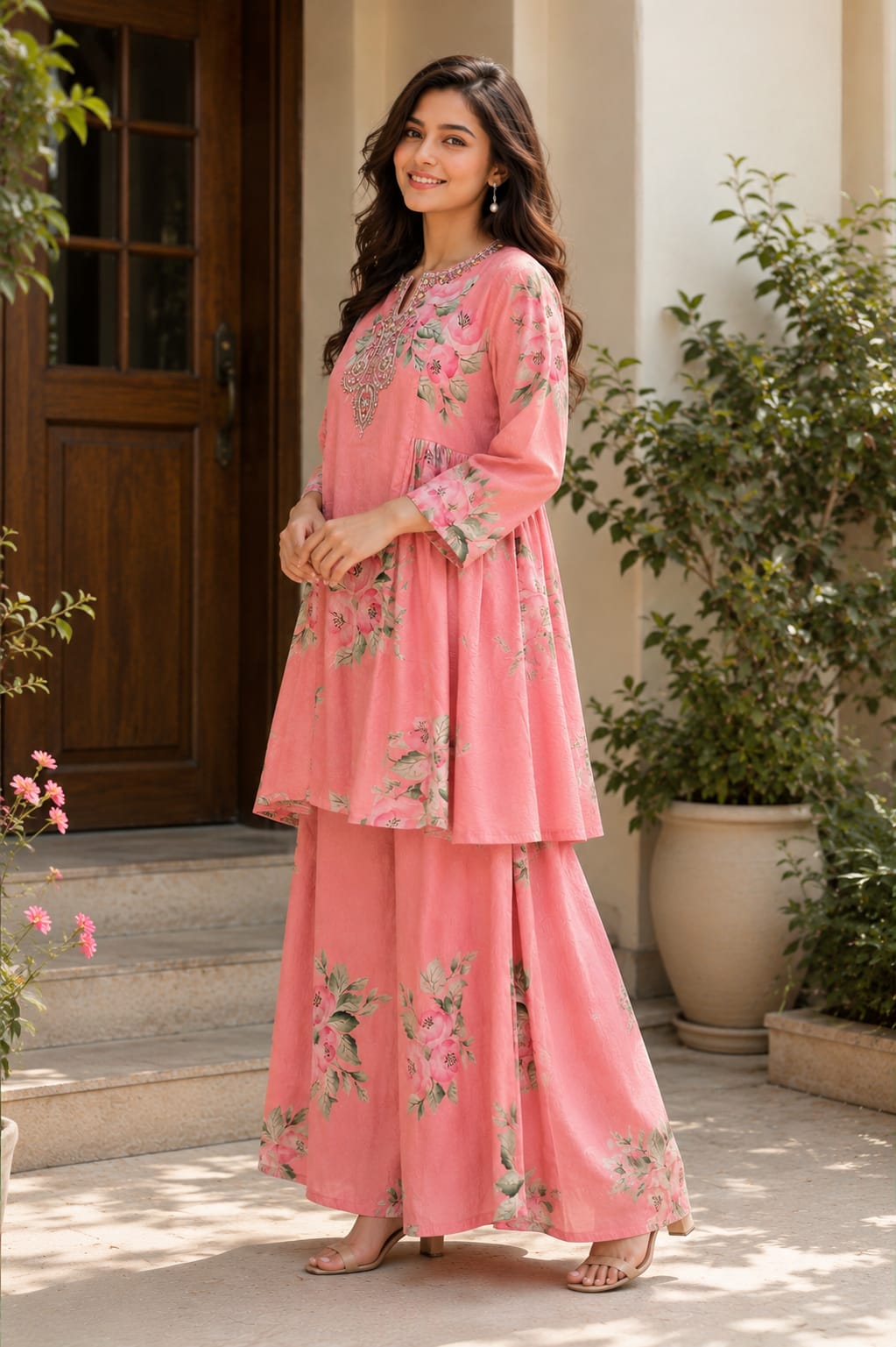 Blush Pink Floral Embroidered Cotton Co-Ord Set
