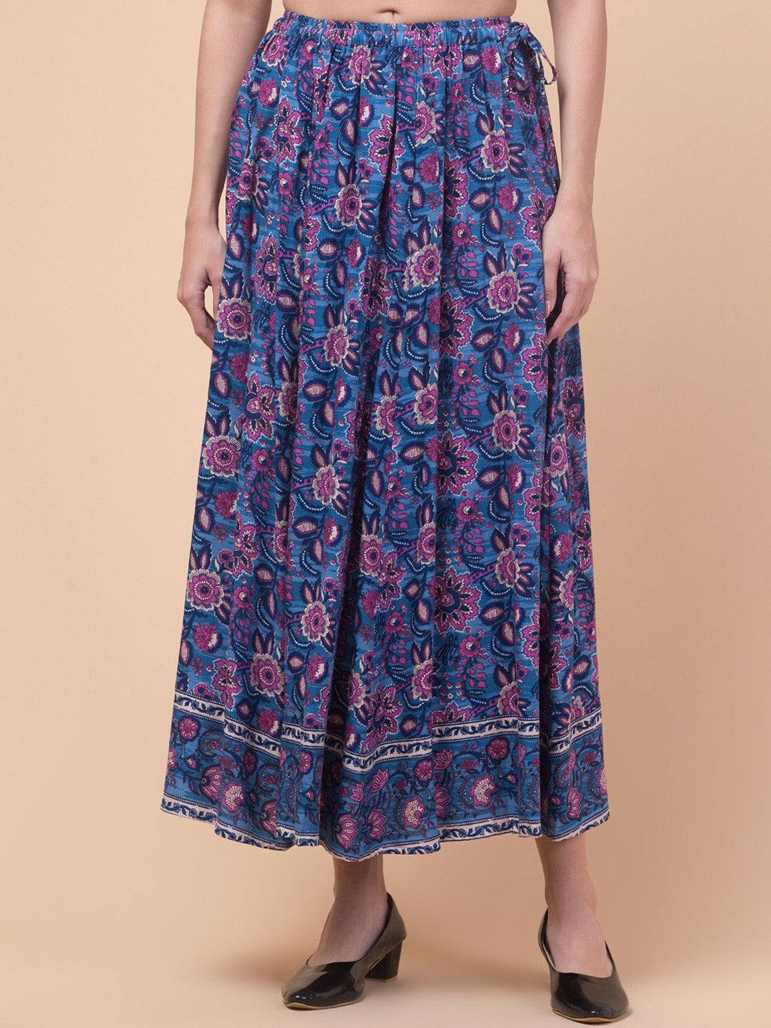 Blue Floral print Flared Maxi Skirt
