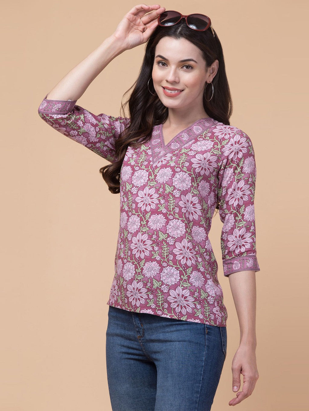 Lavender Floral V-neck Top