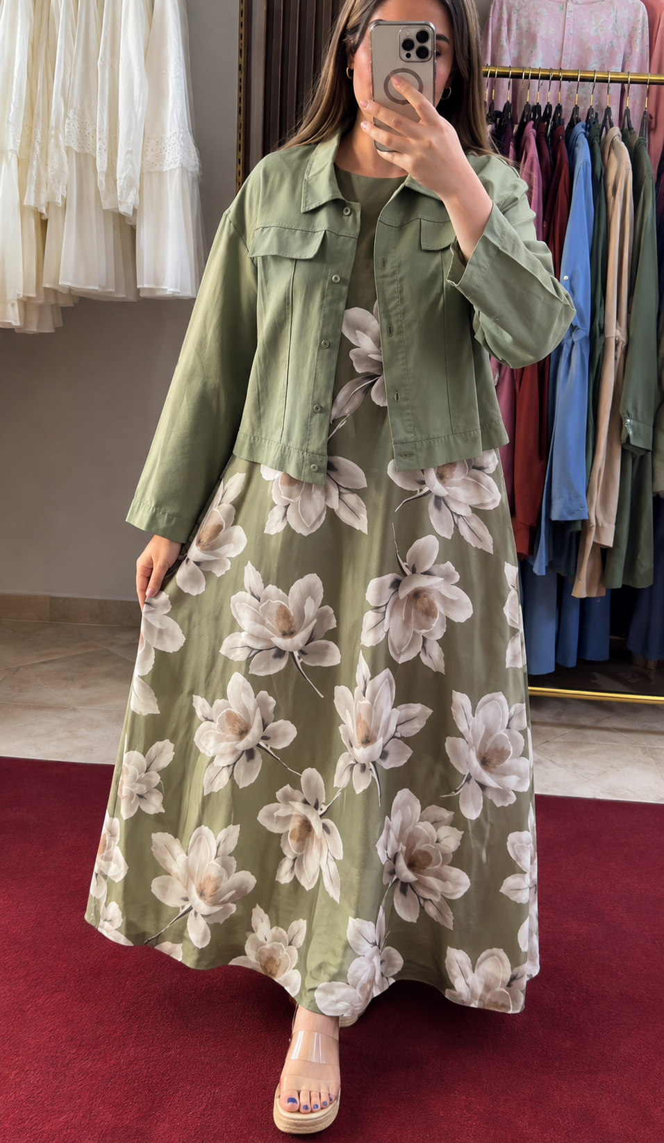 Pista Green Floral Maxi Dress with Cropped Jacket