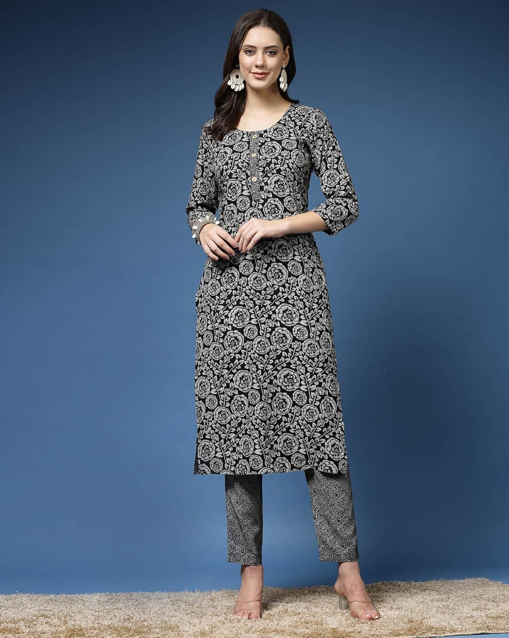 Black Floral Print Straight Kurta & Pants Set