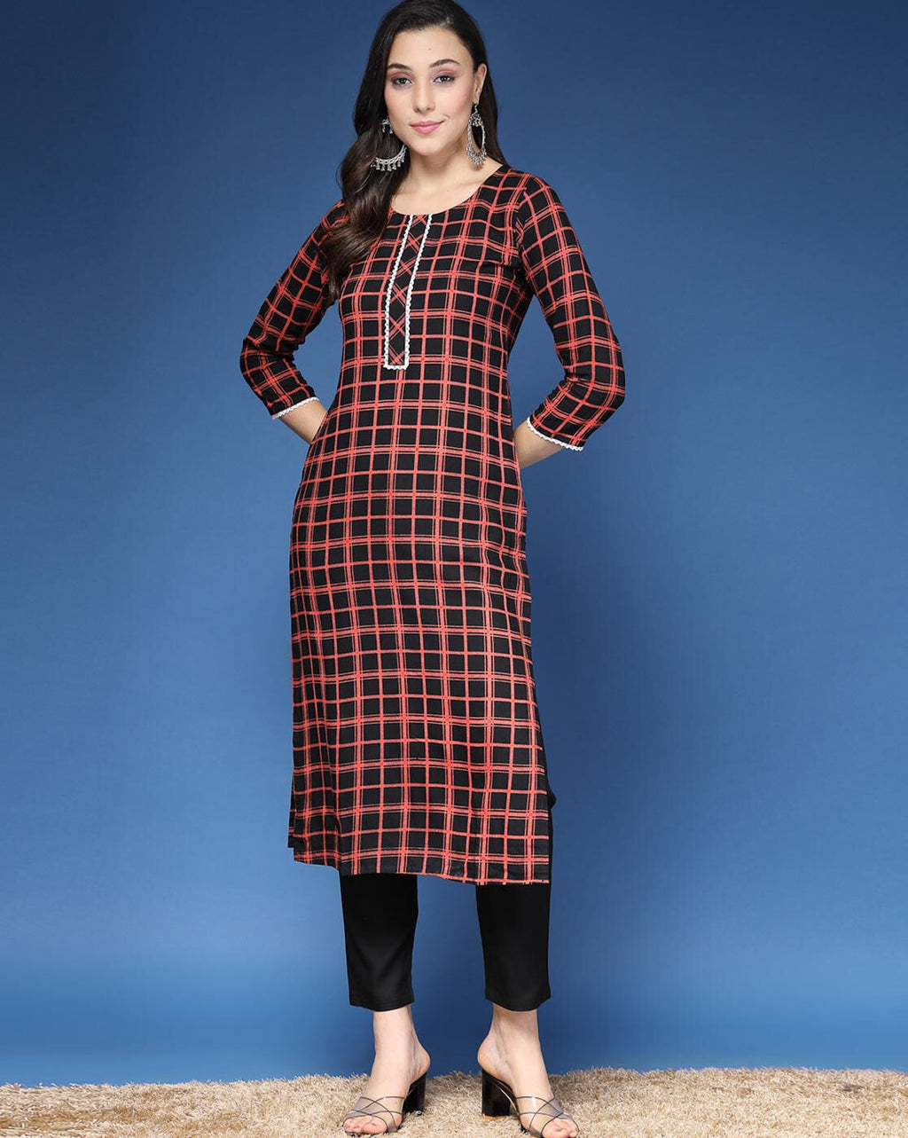 Black Checked  Straight Kurta & Pants Set