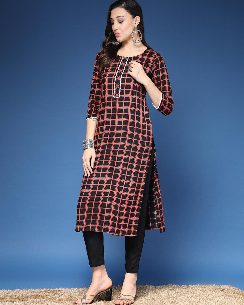 Black Checked  Straight Kurta & Pants Set