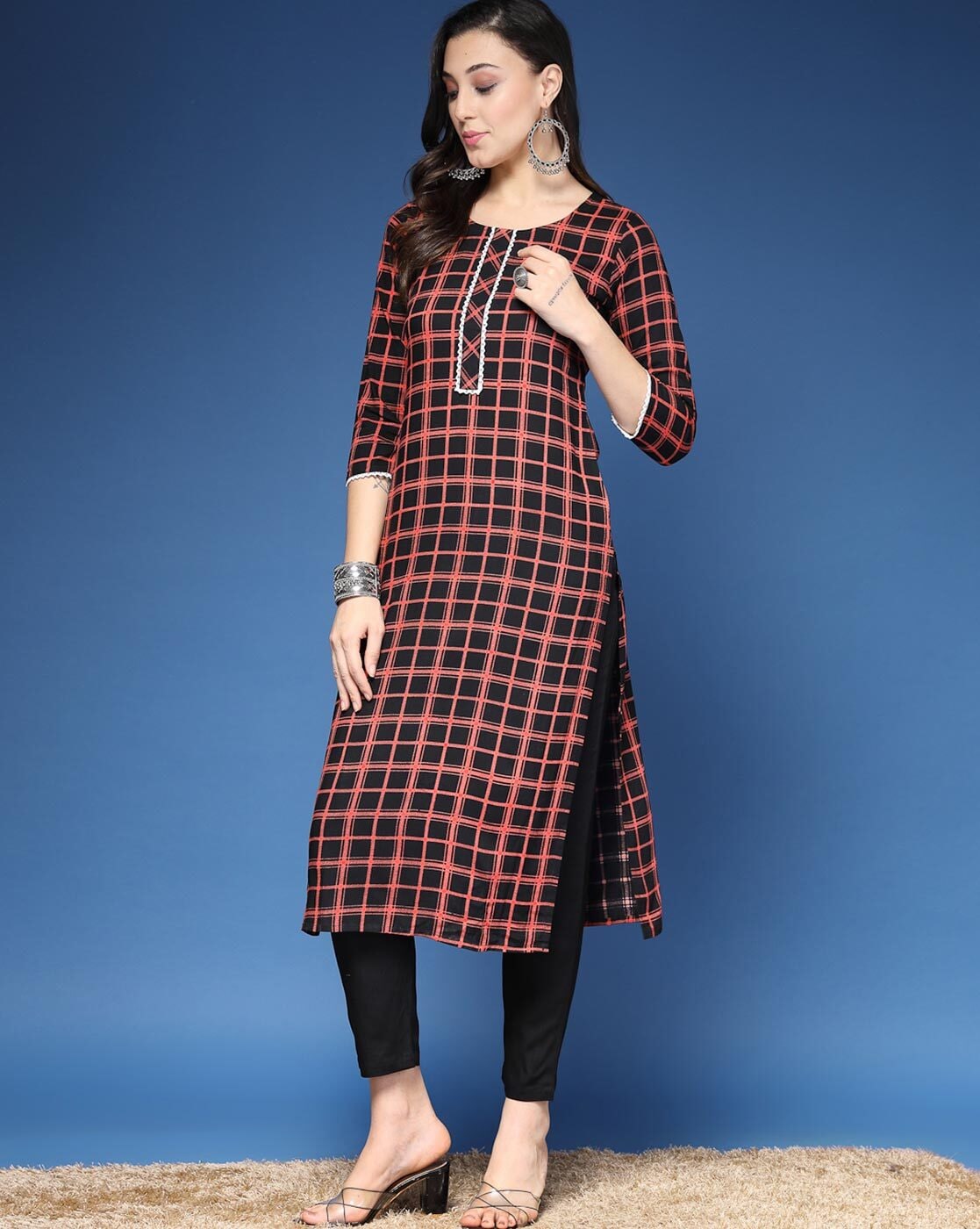 Black Checked  Straight Kurta & Pants Set