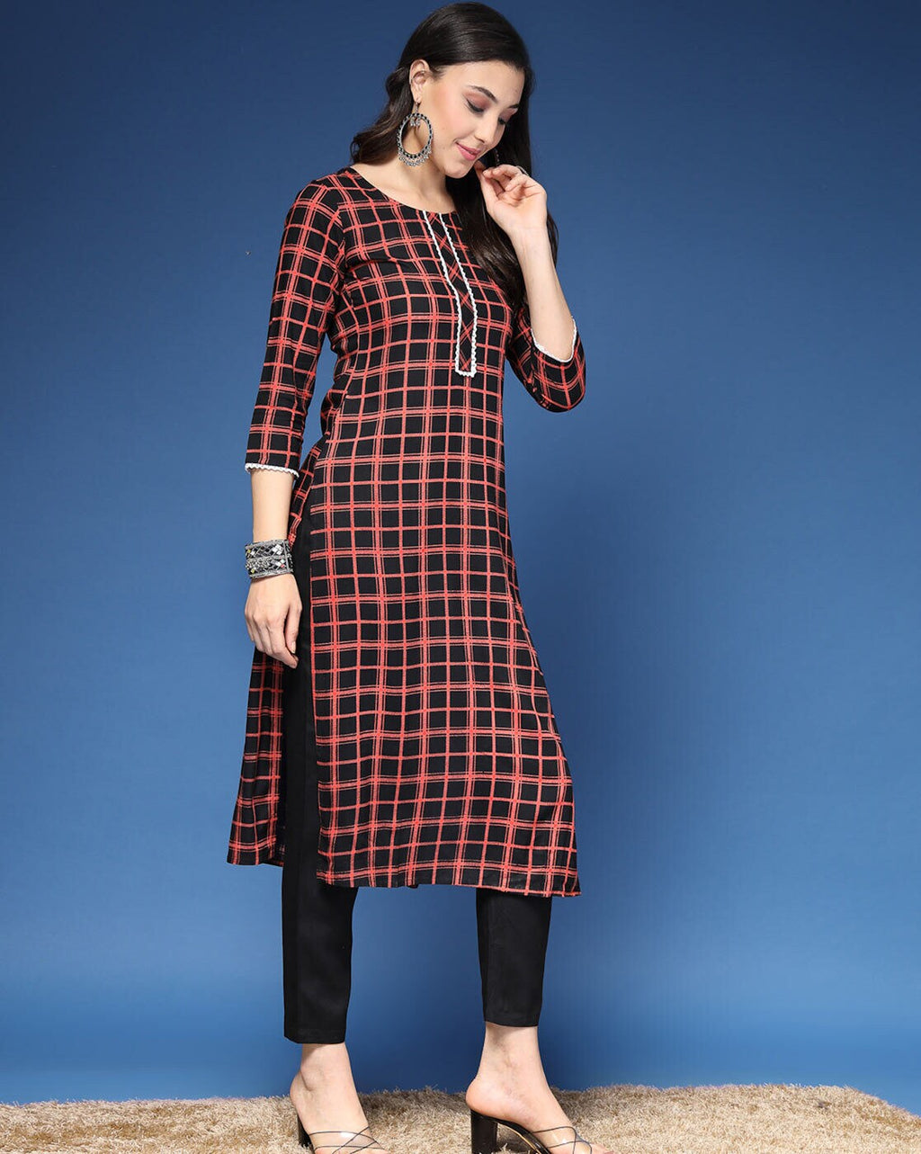 Black Checked  Straight Kurta & Pants Set