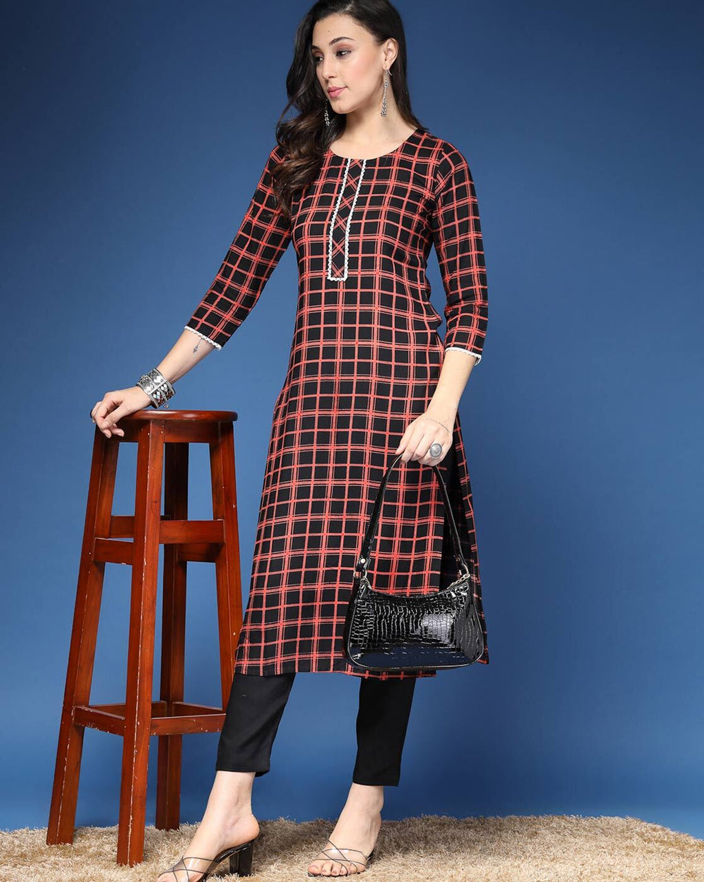 Black Checked  Straight Kurta & Pants Set