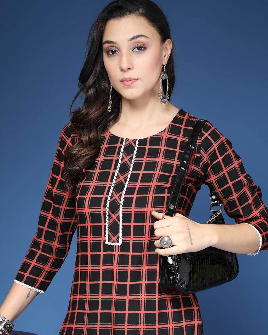 Black Checked  Straight Kurta & Pants Set