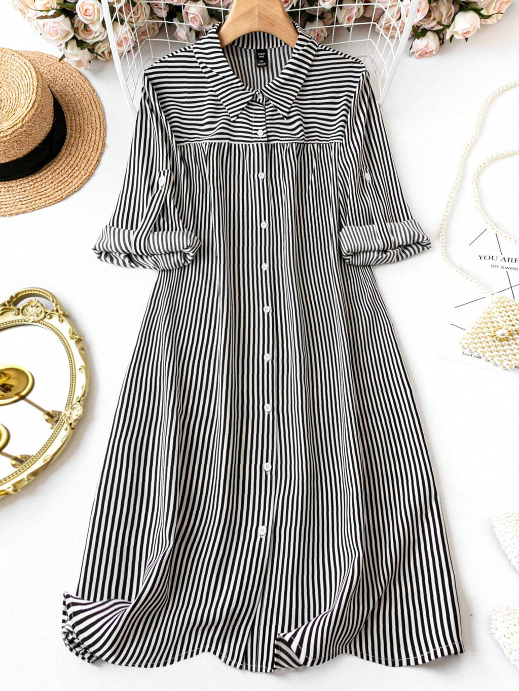 Black Striped Crepe Fit & Flare Dress