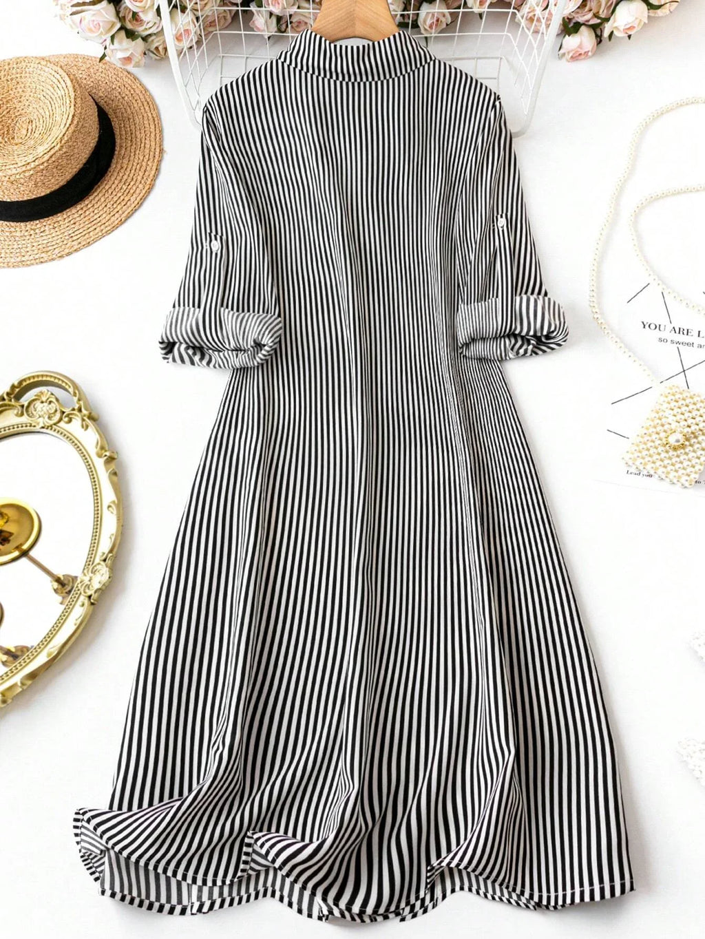 Black Striped Crepe Fit & Flare Dress