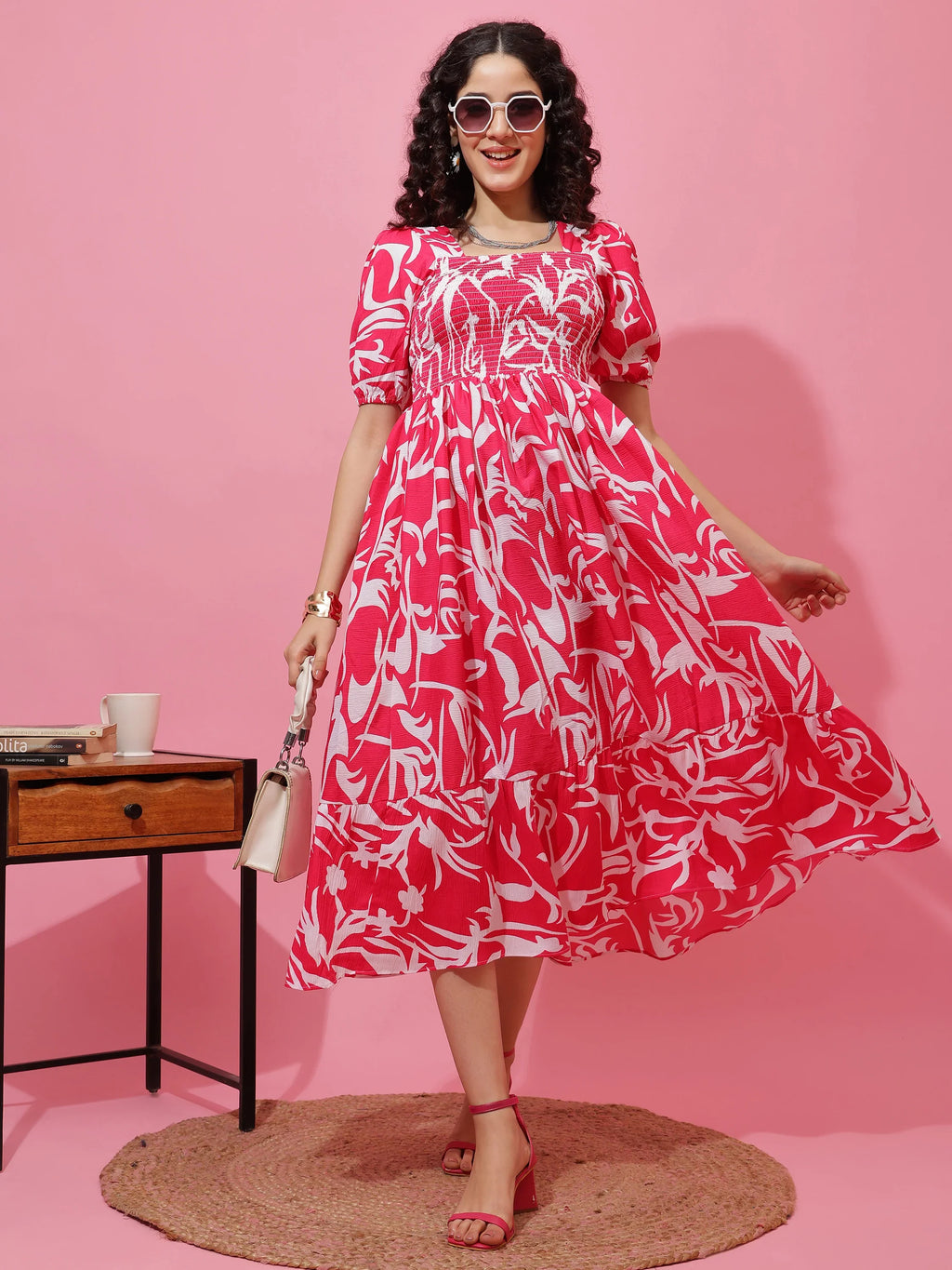 Pink Puff Sleeves Fit & Flare Midi Dress