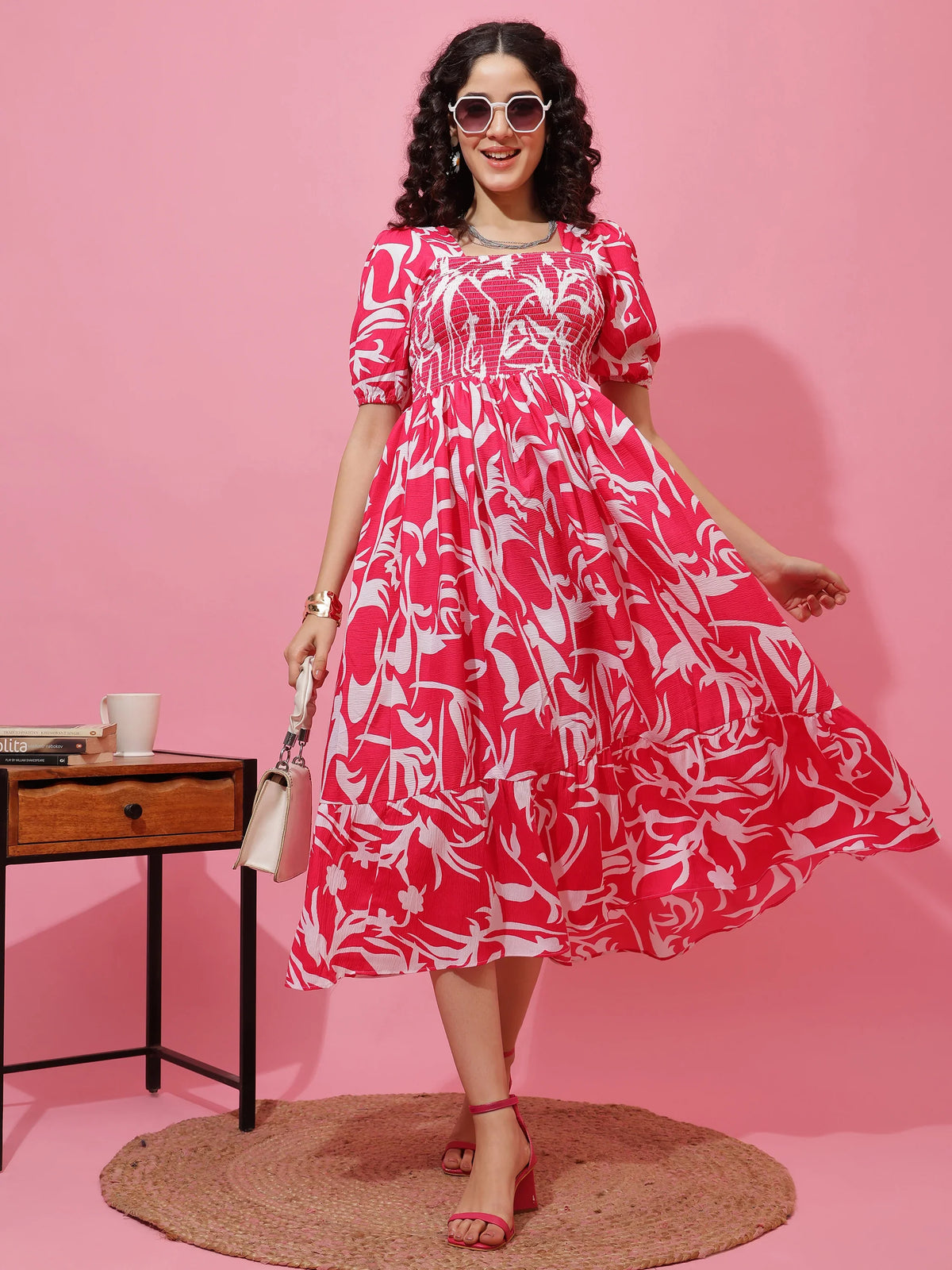 Pink Puff Sleeves Fit & Flare Midi Dress