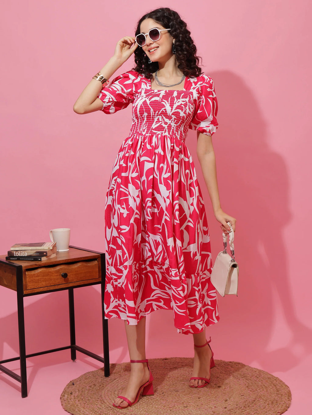 Pink Puff Sleeves Fit & Flare Midi Dress