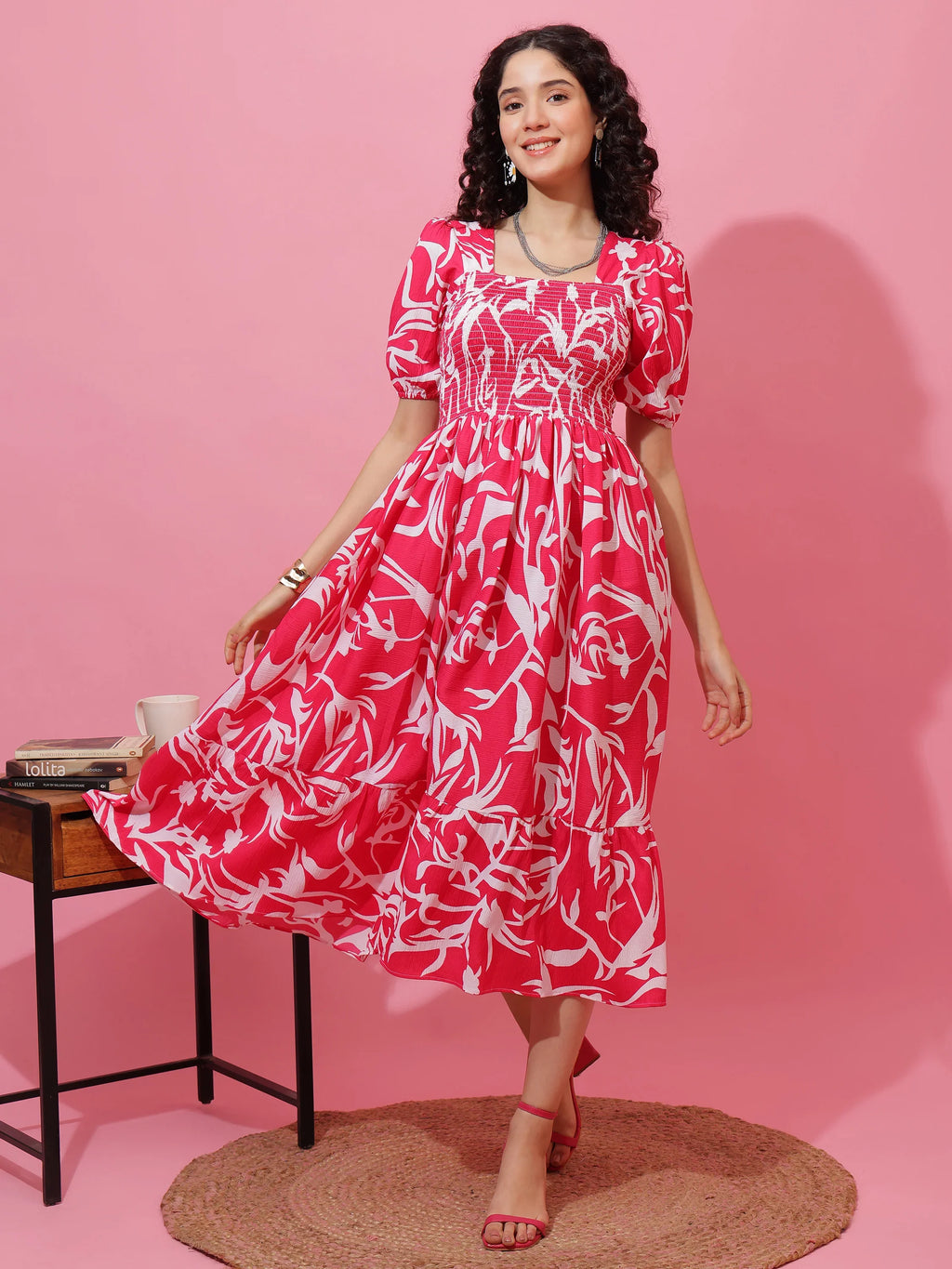 Pink Puff Sleeves Fit & Flare Midi Dress