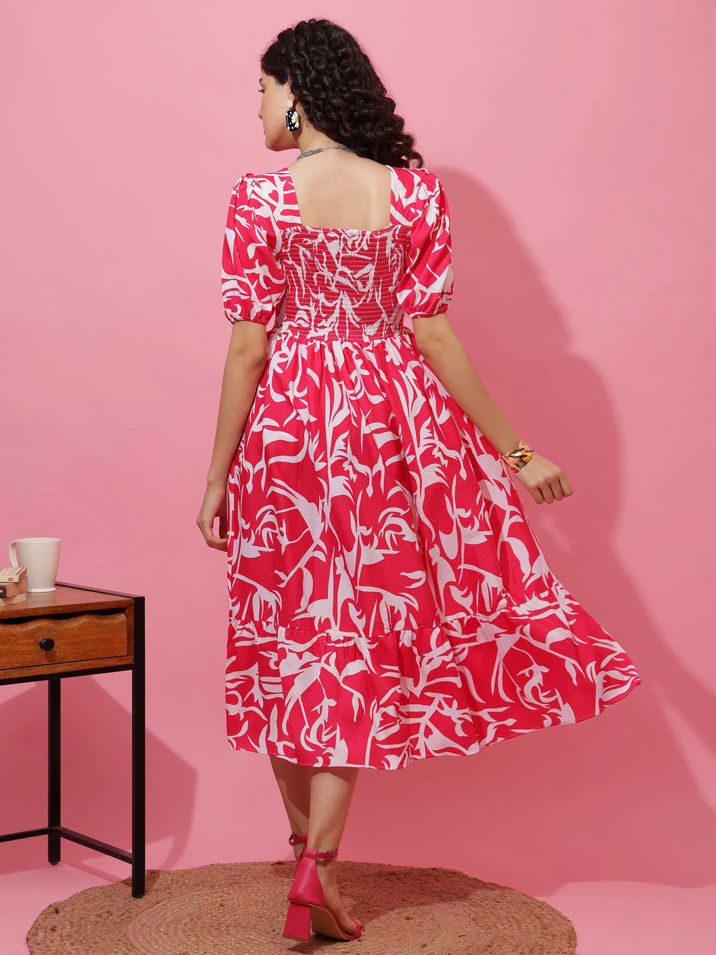 Pink Puff Sleeves Fit & Flare Midi Dress