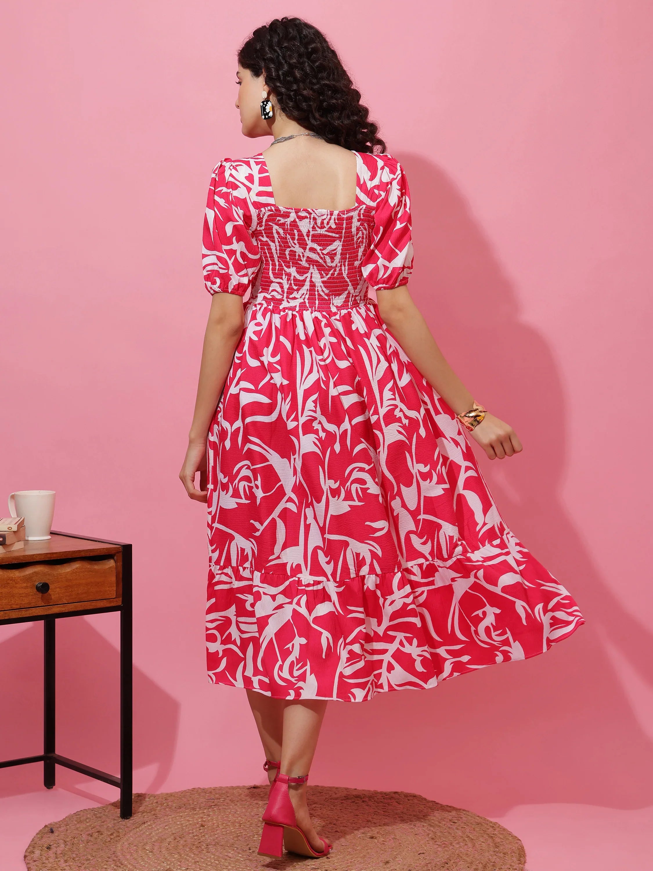 Pink Puff Sleeves Fit & Flare Midi Dress