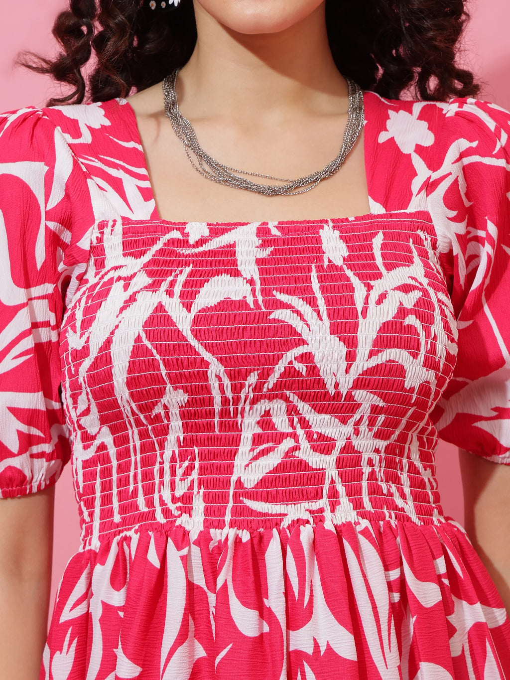 Pink Puff Sleeves Fit & Flare Midi Dress