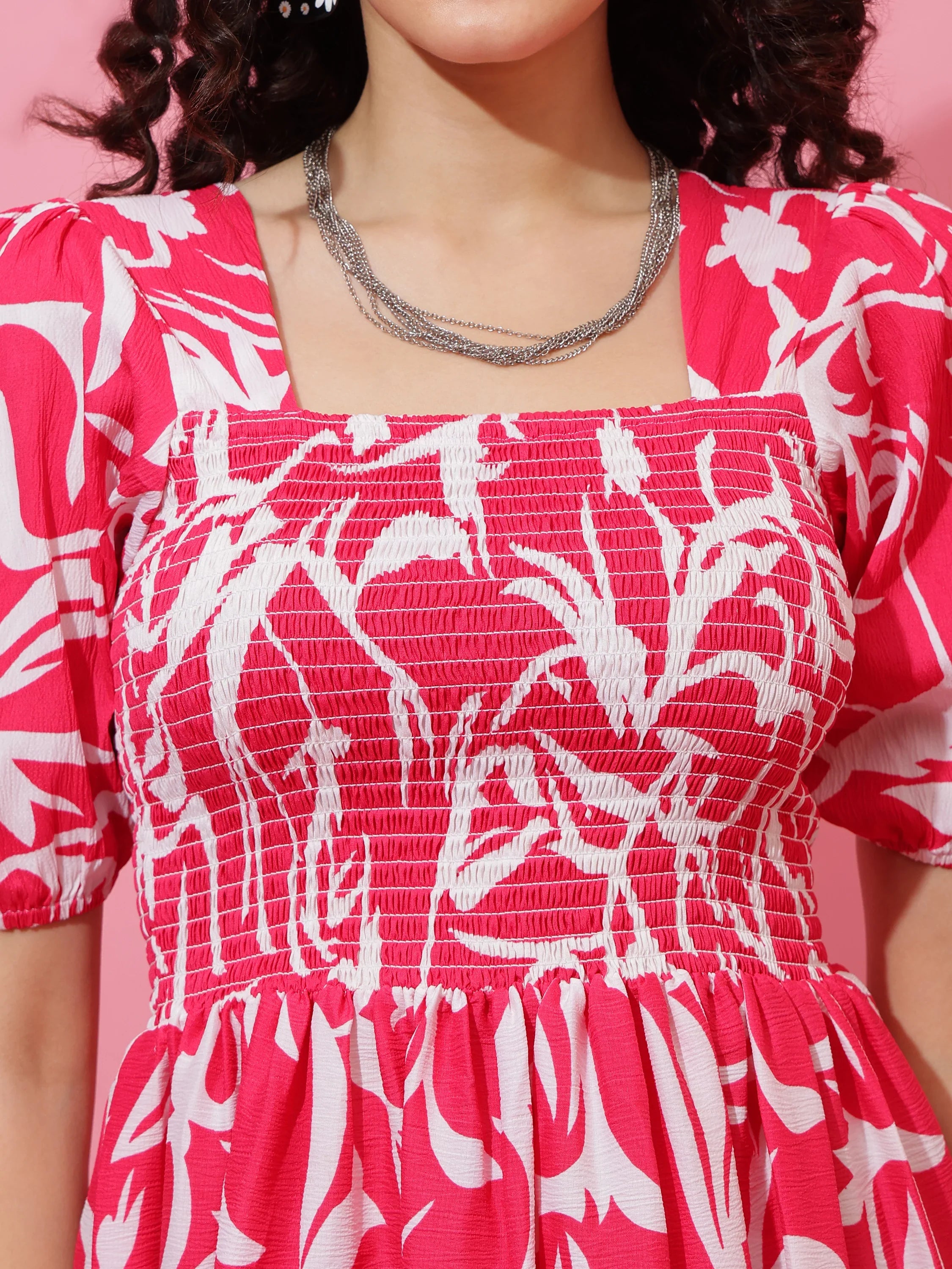 Pink Puff Sleeves Fit & Flare Midi Dress