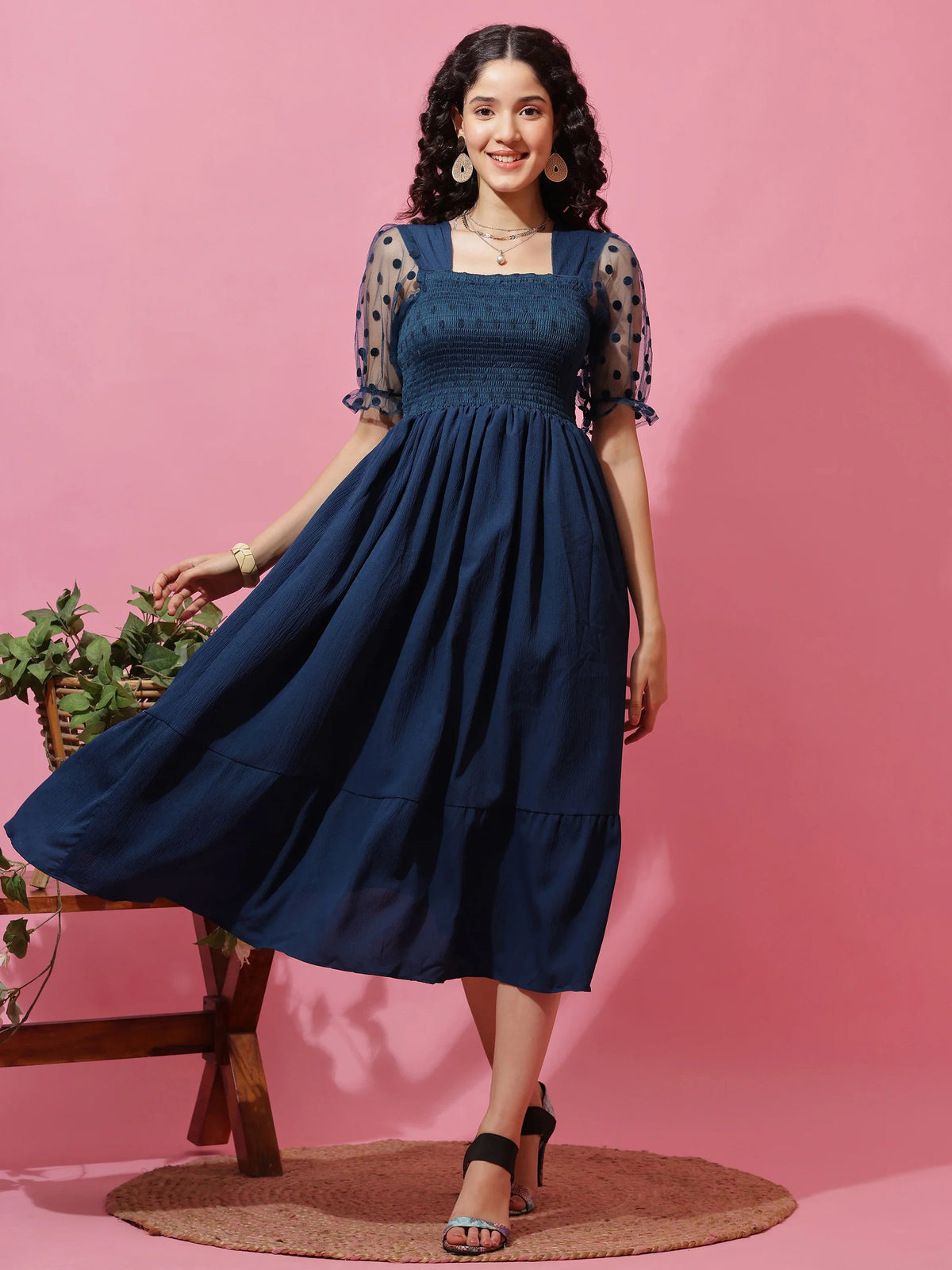 Blue Belle Puff Sleeve Midi Dress