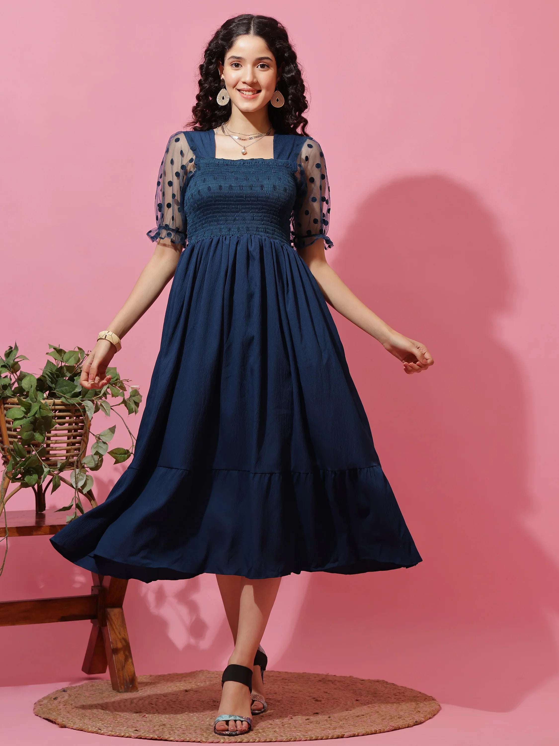 Blue Belle Puff Sleeve Midi Dress