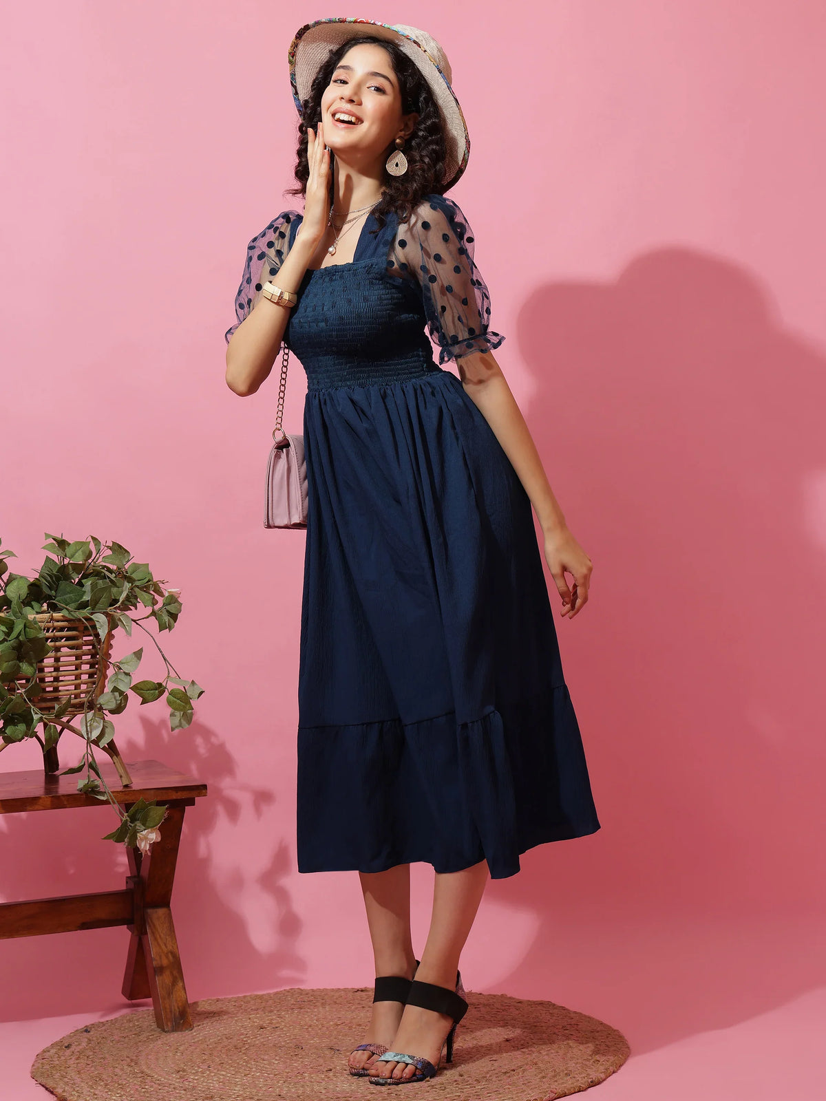 Blue Belle Puff Sleeve Midi Dress