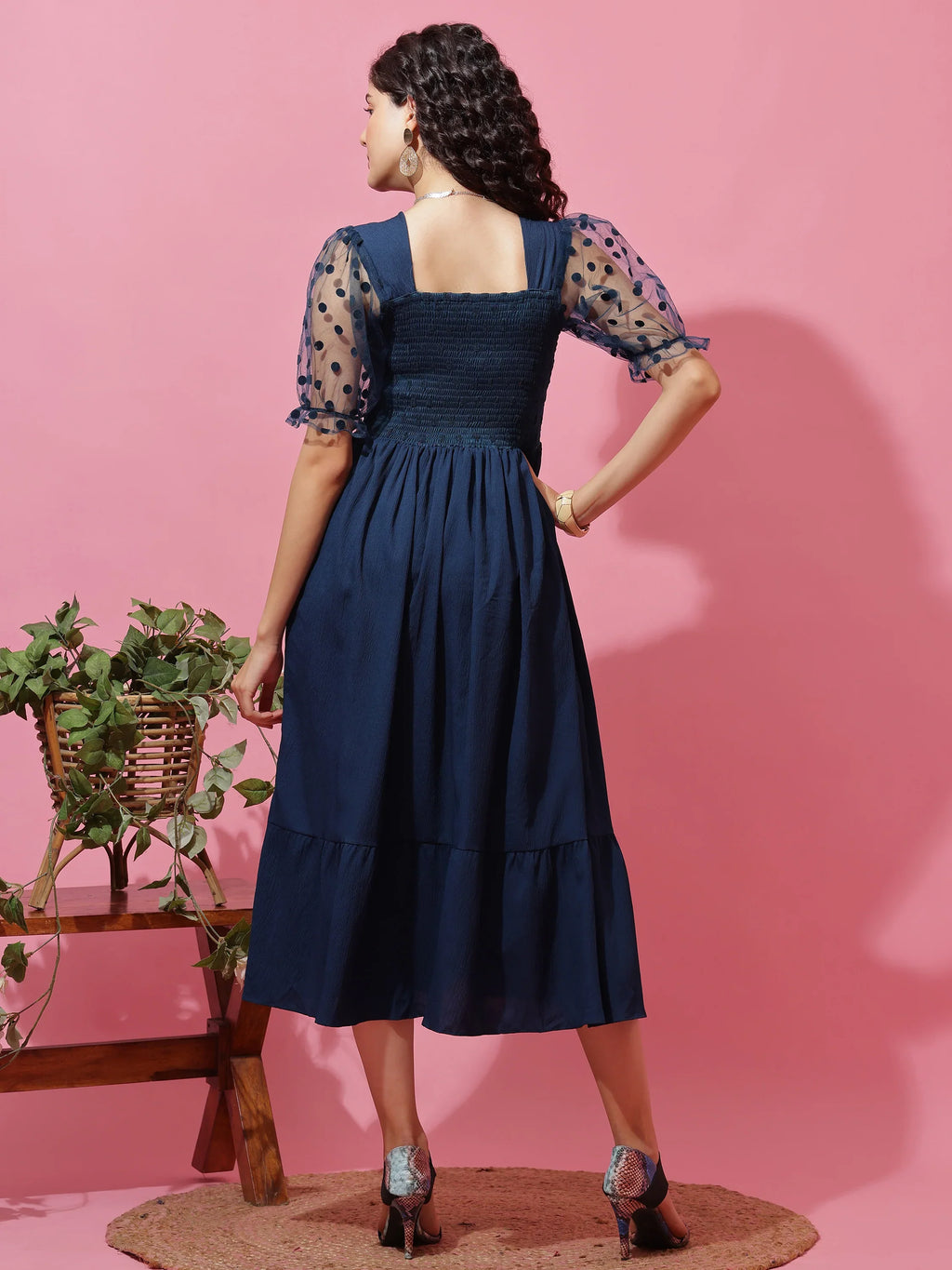 Blue Belle Puff Sleeve Midi Dress