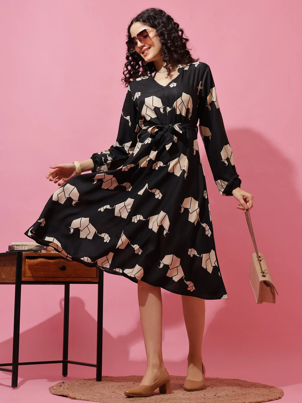 Black Printed Fit and Flare Midi Dress