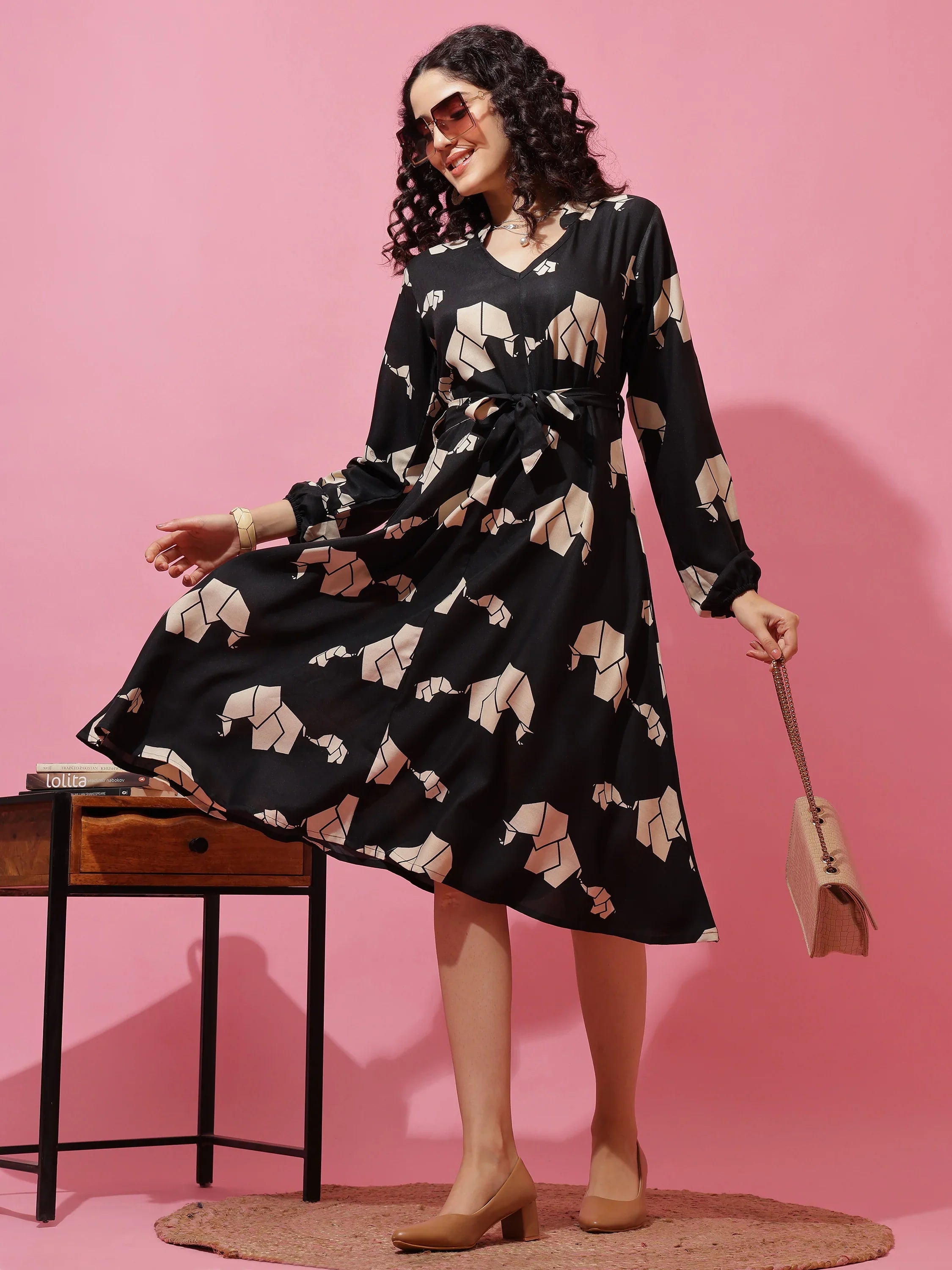 Black Printed Fit and Flare Midi Dress