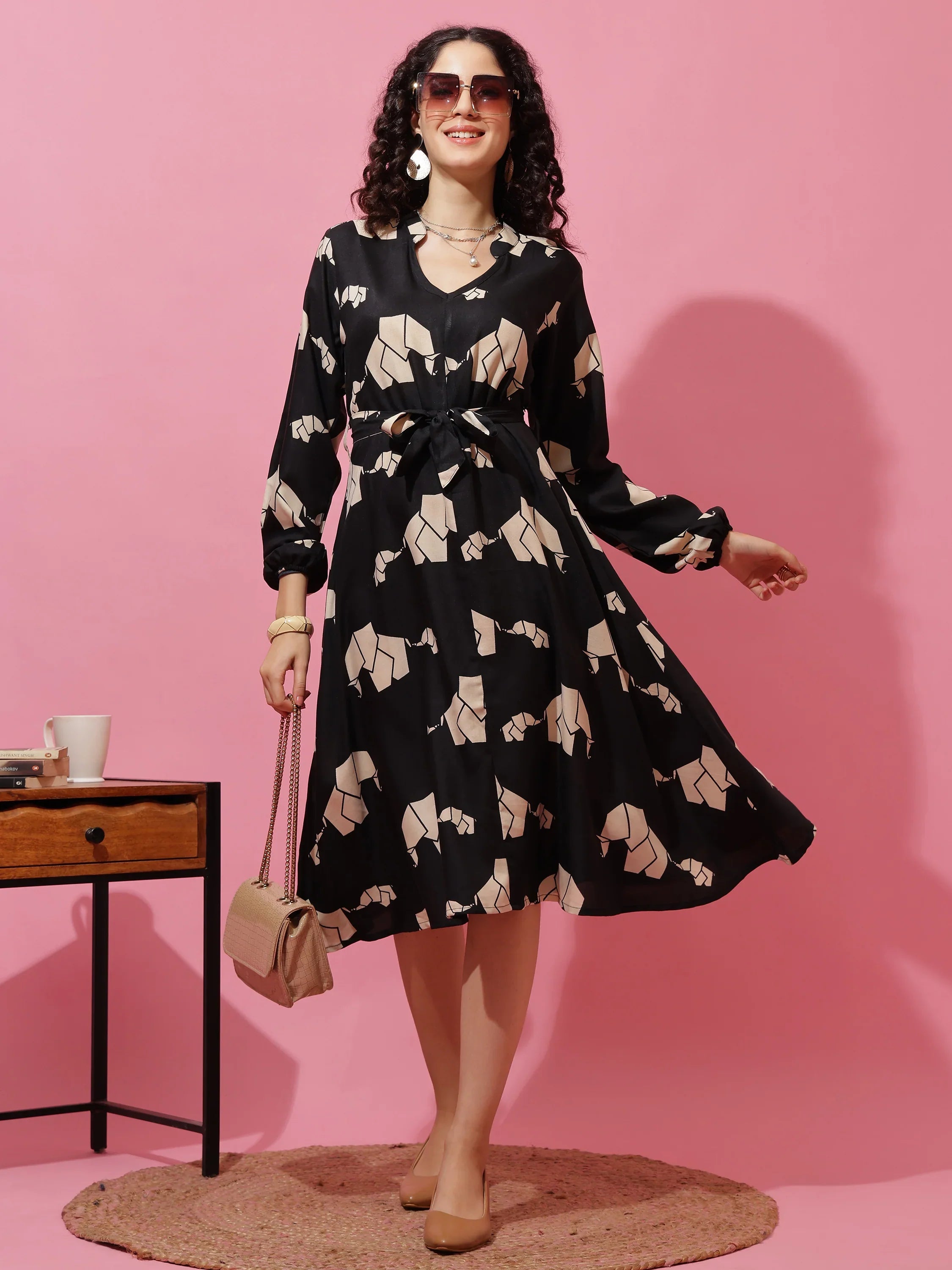 Black Printed Fit and Flare Midi Dress