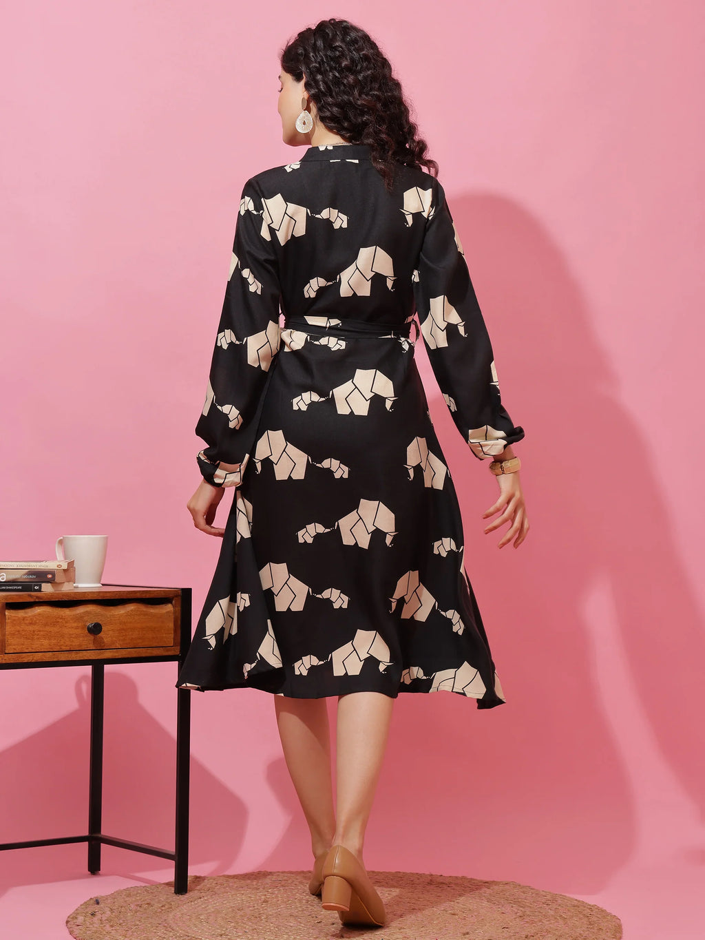 Black Printed Fit and Flare Midi Dress
