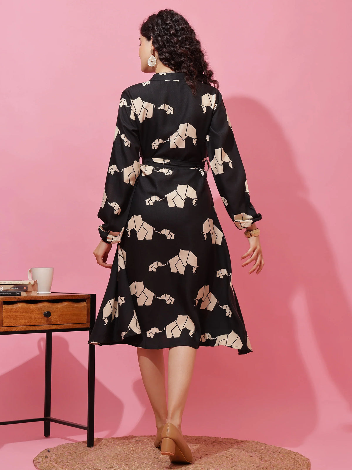 Black Printed Fit and Flare Midi Dress