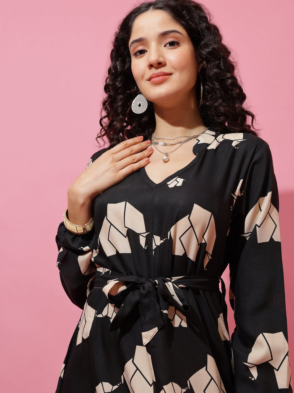Black Printed Fit and Flare Midi Dress