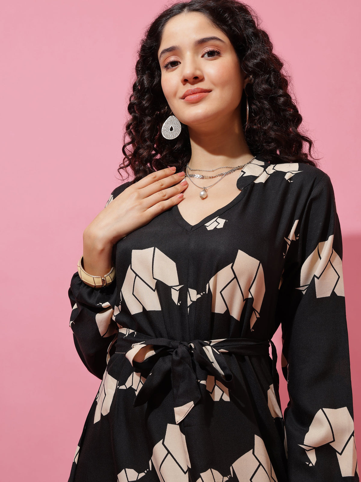 Black Printed Fit and Flare Midi Dress