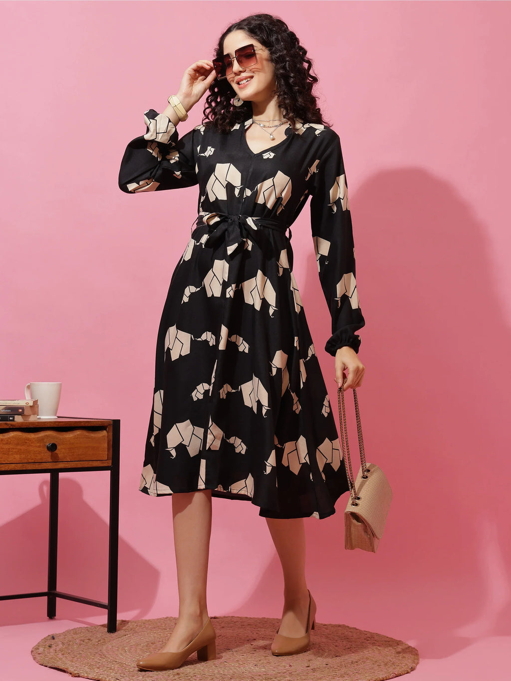 Black Printed Fit and Flare Midi Dress
