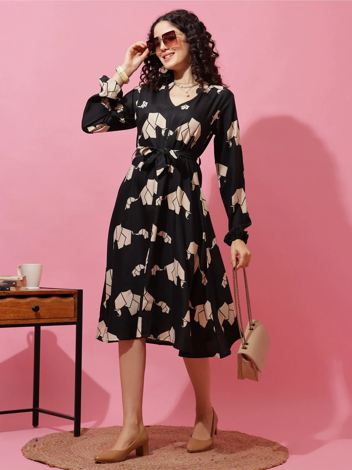 Black Printed Fit and Flare Midi Dress