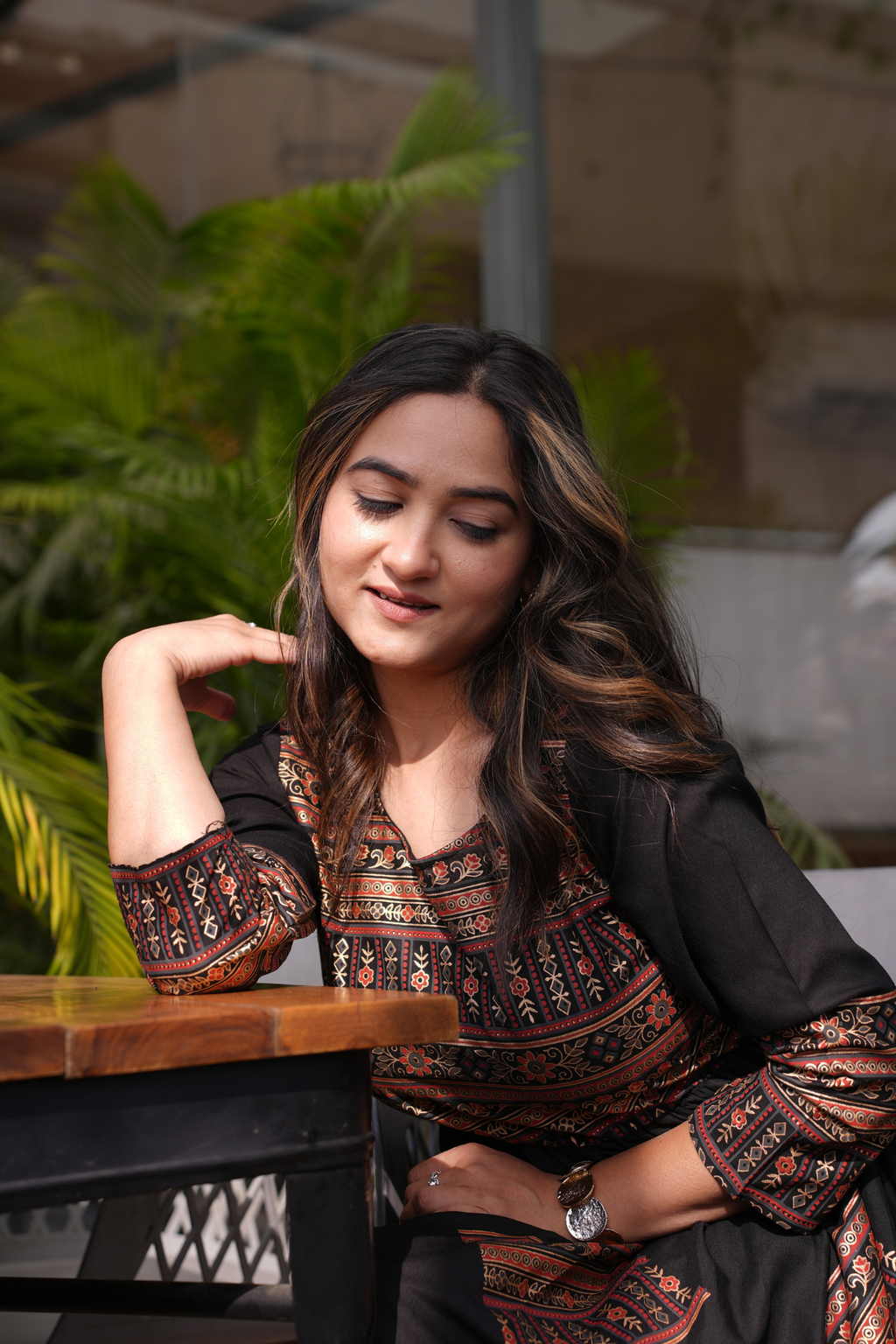 Elegant Gold Printed Black Fit and Flare Maxi Dress