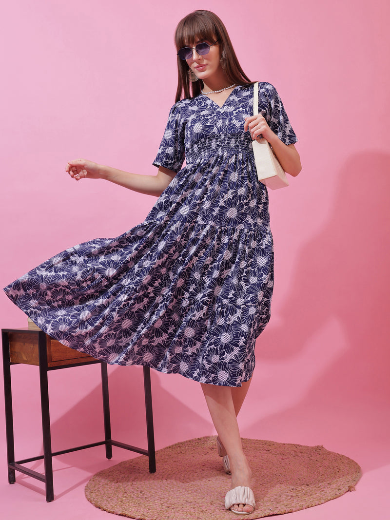 Blue Floral Print Midi Dress