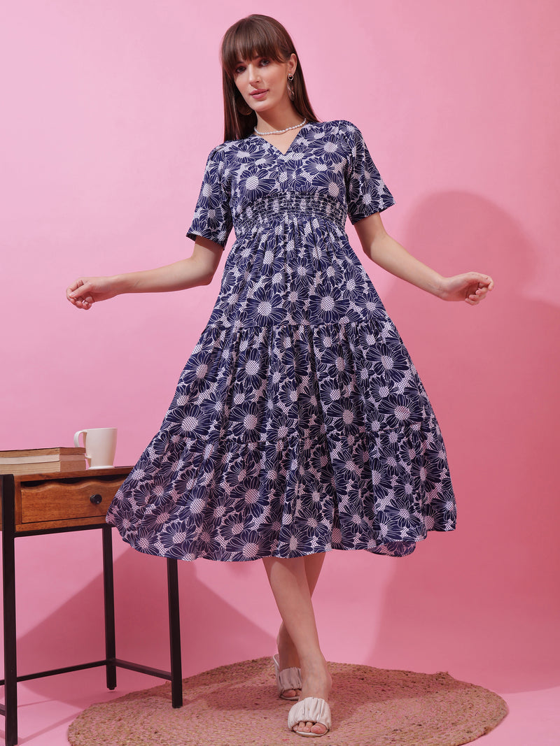 Blue Floral Print Midi Dress