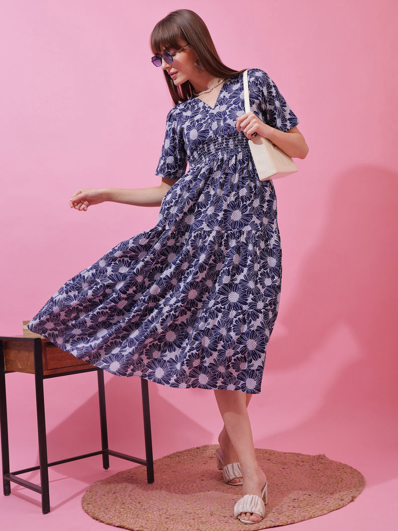 Blue Floral Print Midi Dress