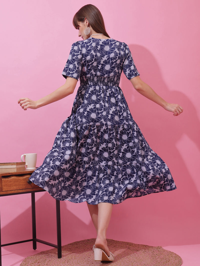 Blue Floral Print Midi Dress
