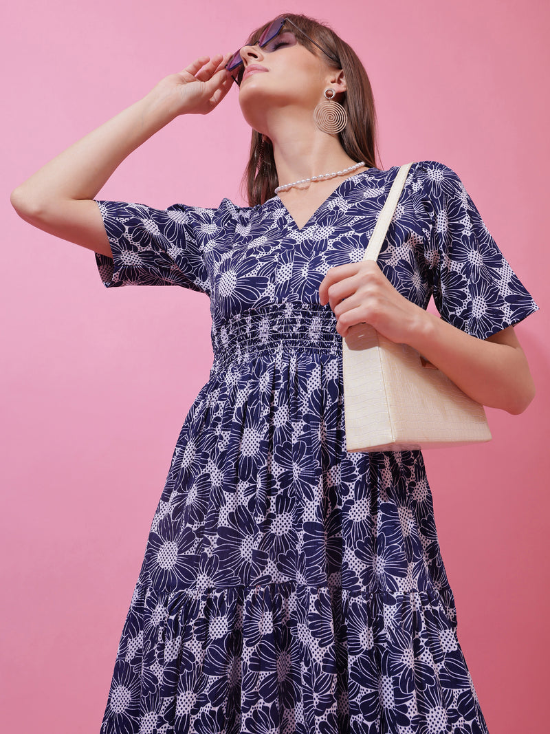 Blue Floral Print Midi Dress