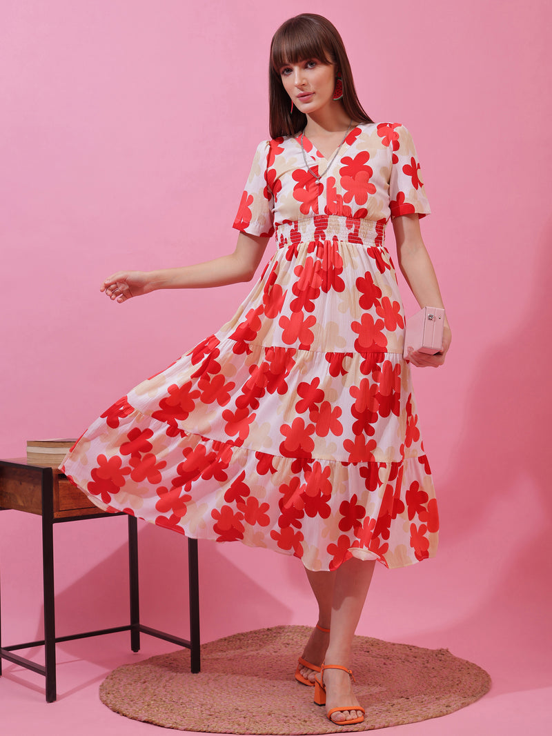 Red Floral Print Short Sleeves Midi Dress