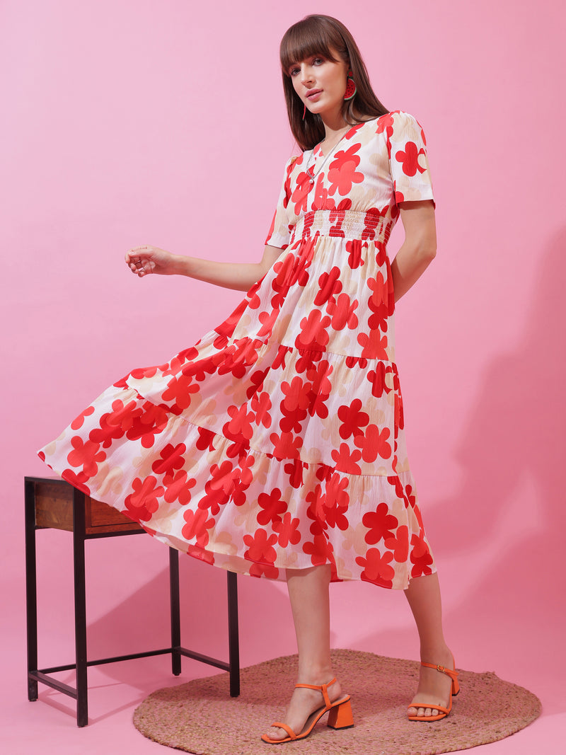 Red Floral Print Short Sleeves Midi Dress