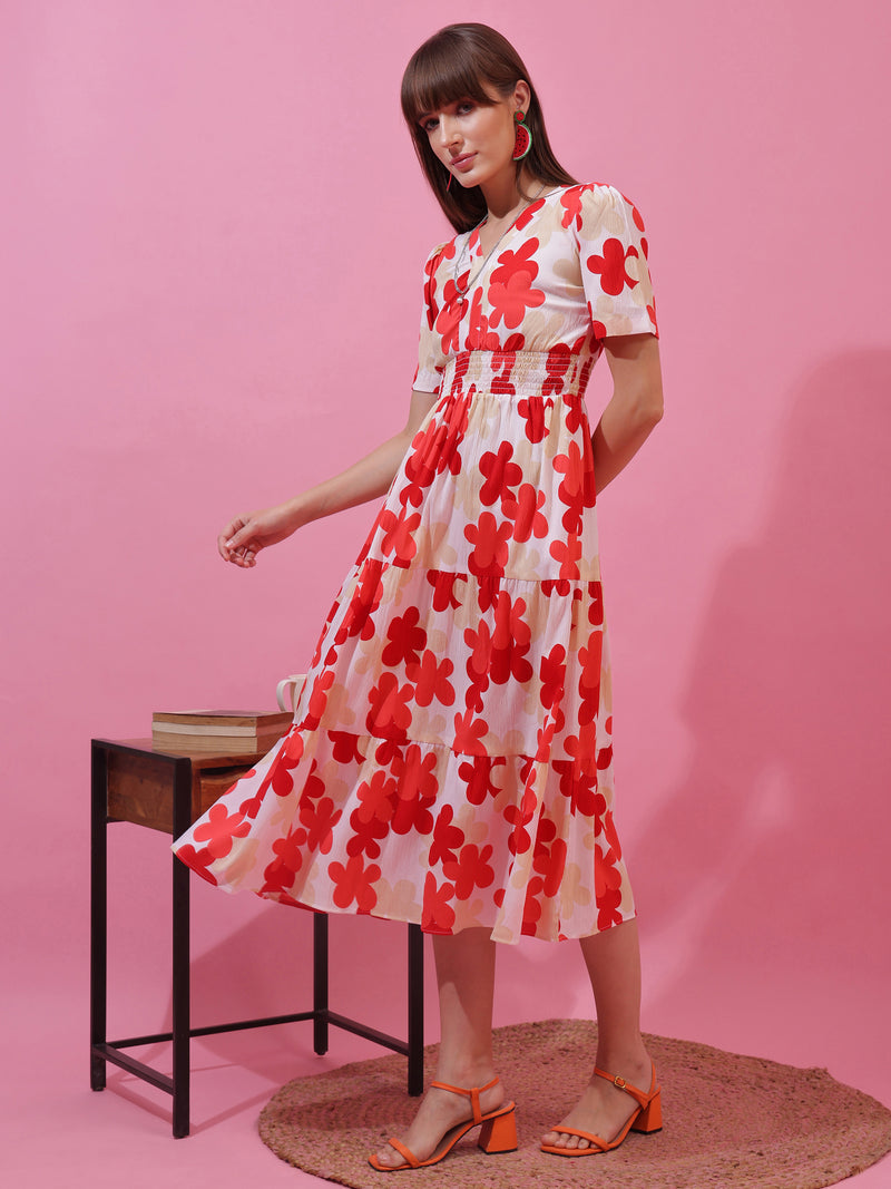 Red Floral Print Short Sleeves Midi Dress