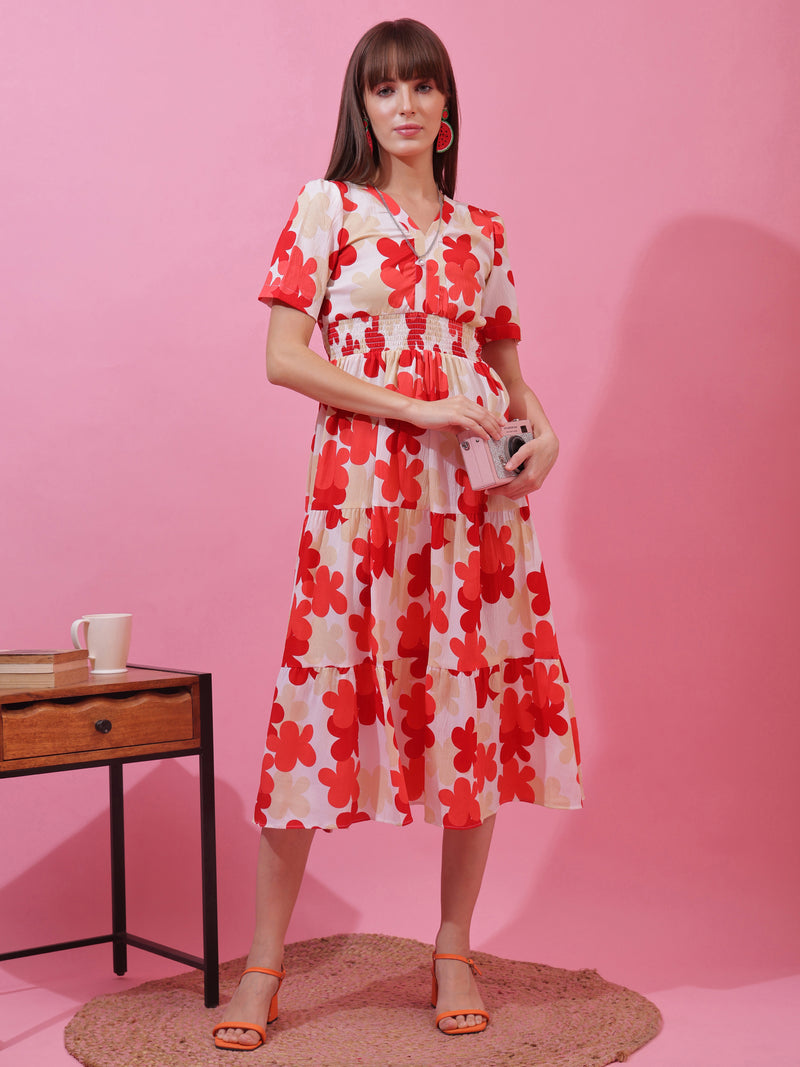 Red Floral Print Short Sleeves Midi Dress