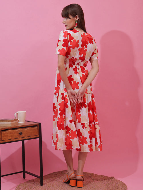 Red Floral Print Short Sleeves Midi Dress