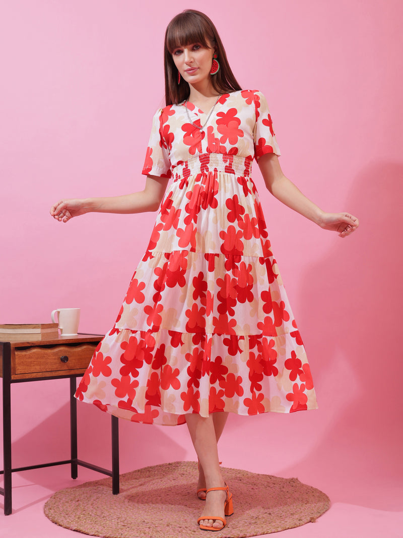 Red Floral Print Short Sleeves Midi Dress