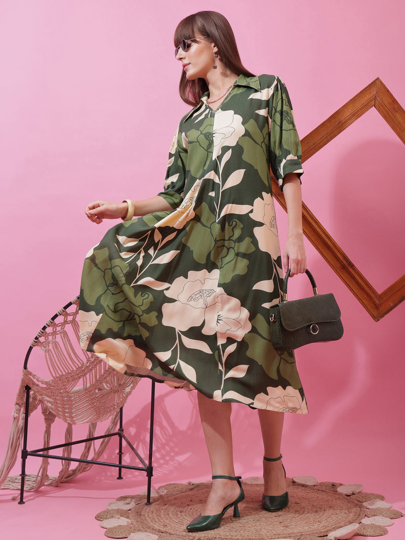 Green Shirt Collar A-Line Midi Dress